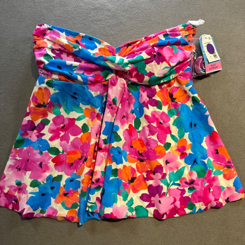 Swim Solutions Floral Bandeau Tankini Top Pink Blue Orange Size 12 NWT